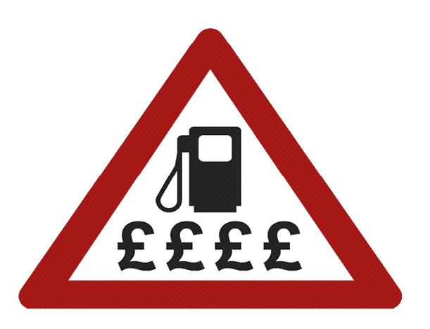 Photo realistic reflective metallic 'expensive fuel' sign, isolated on a pure white background.