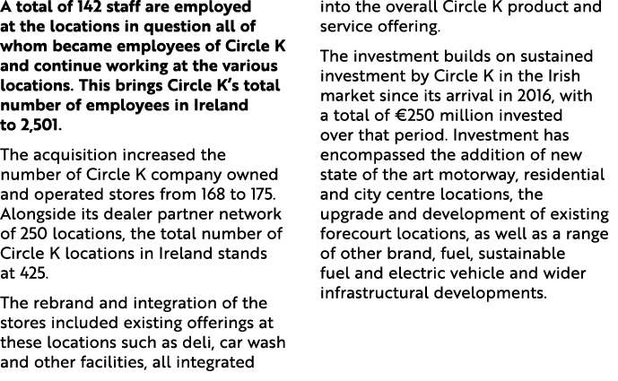 A total of 142 staff are employed at the locations in question all of whom became employees of Circle K and continue ...