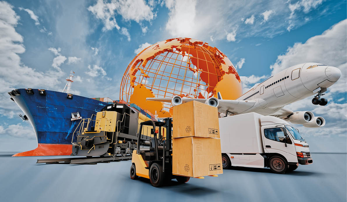 Global business of Container Cargo freight train for logistic import export, Business logistics concept , Air cargo trucking , maritime shipping , On-time delivery. 3d rendering.