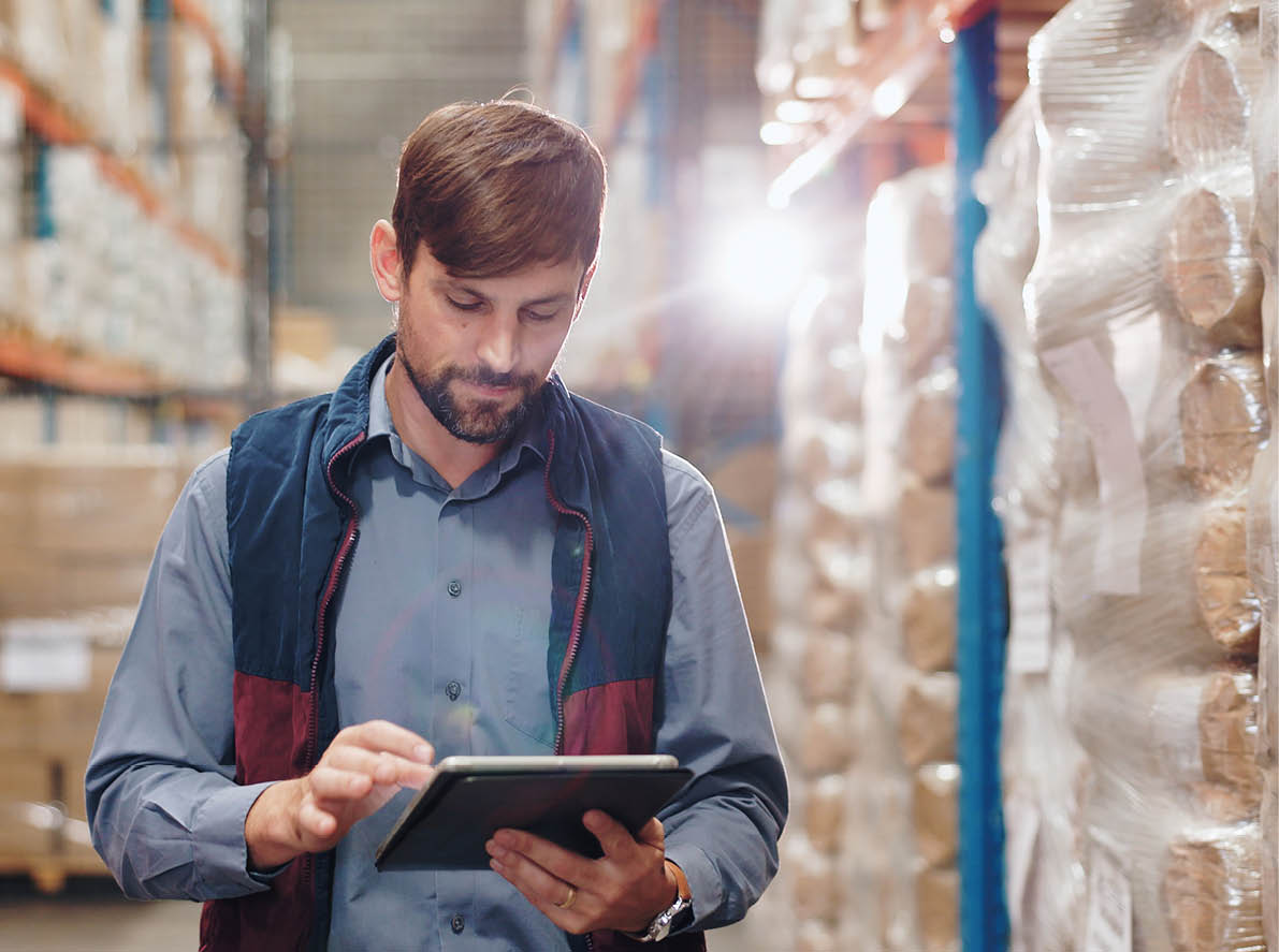 Man, tablet and logistics or warehouse inspection of cargo for ecommerce shipping, factory or production. Distributor, online and inventory service in storehouse for package, courier or planning