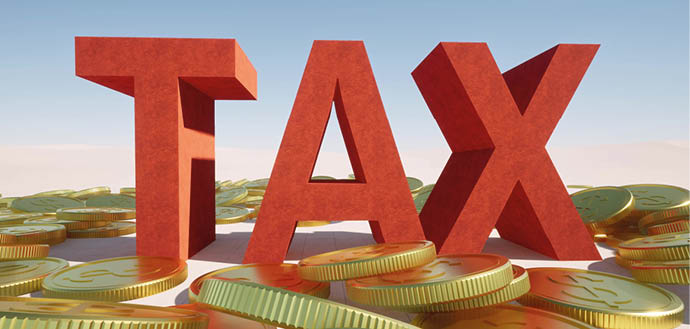 Red word TAX on a pile of gold coins 3d render