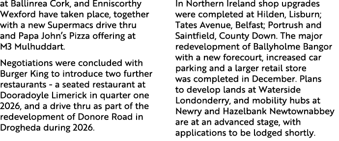 at Ballinrea Cork, and Enniscorthy Wexford have taken place, together with a new Supermacs drive thru and Papa John’s...