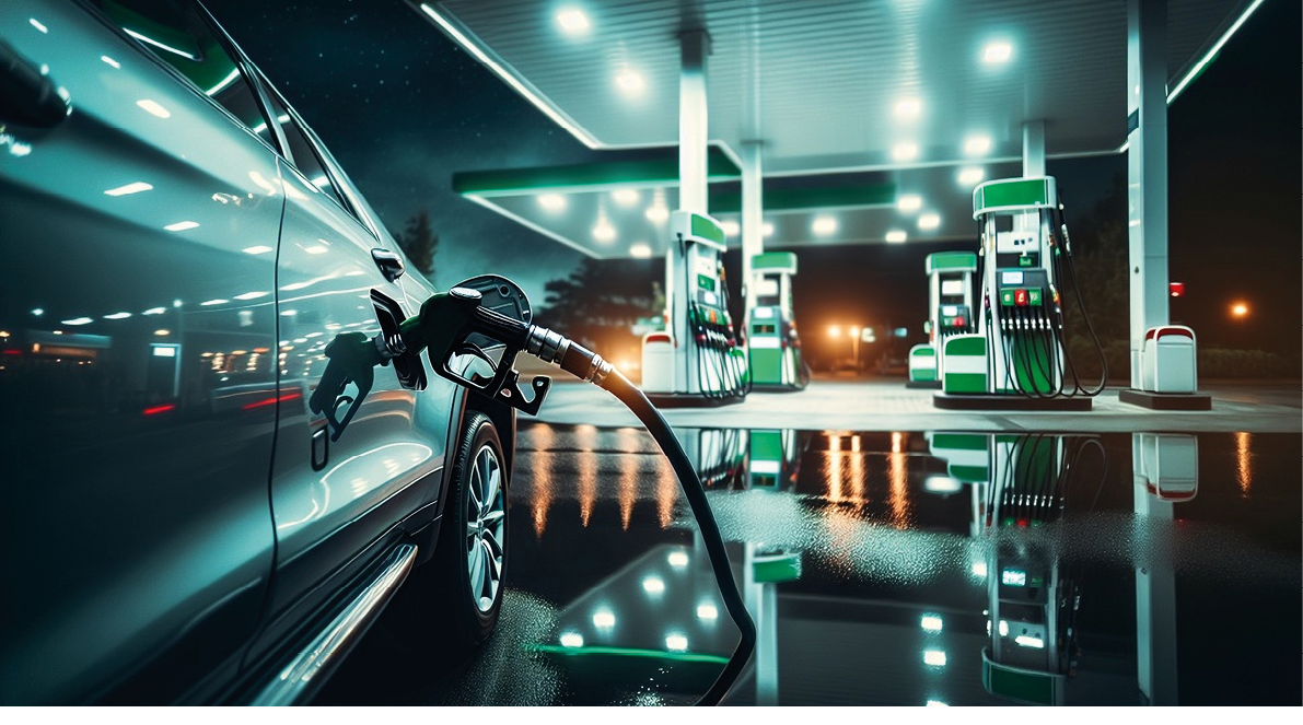 Car refueling diesel fuel at petrol station. The gas station has to predominate green and white colors/both in pumps and in canopy.