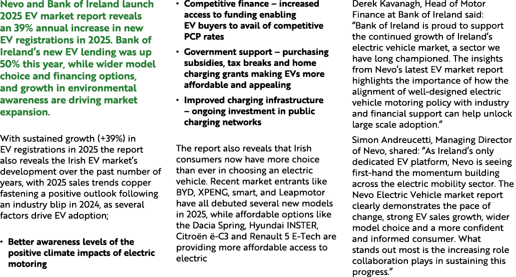 Nevo and Bank of Ireland launch 2025 EV market report reveals an 39% annual increase in new EV registrations in 2025....