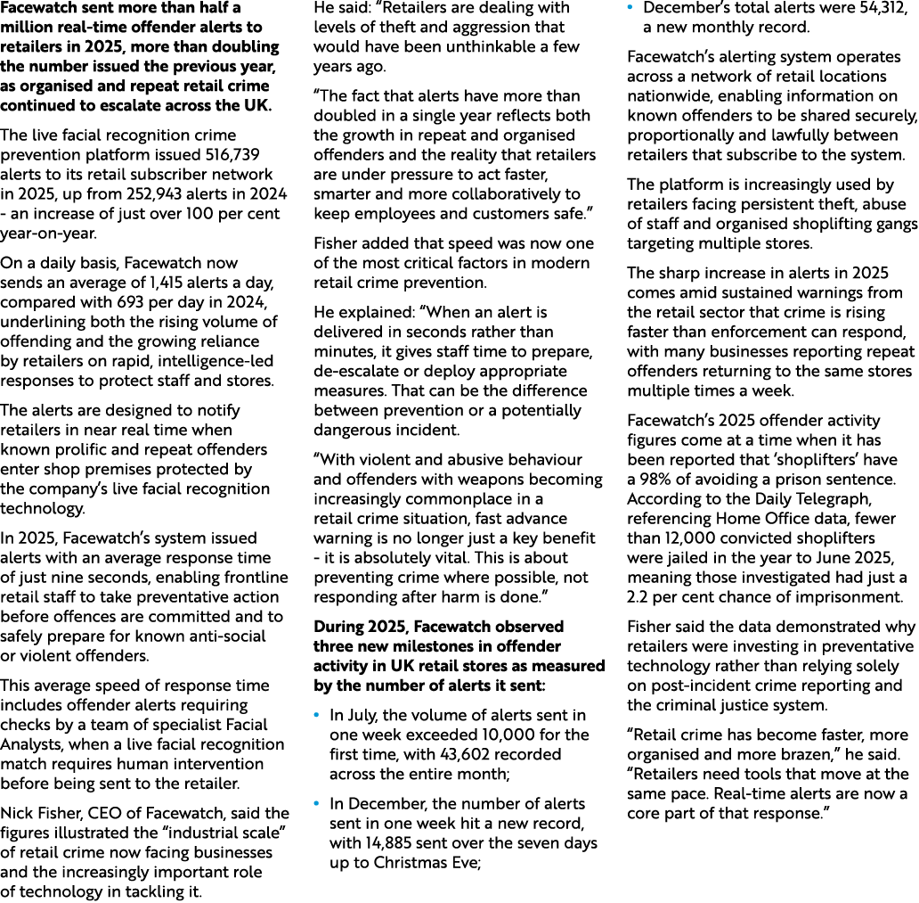 Facewatch sent more than half a million real time offender alerts to retailers in 2025, more than doubling the number...