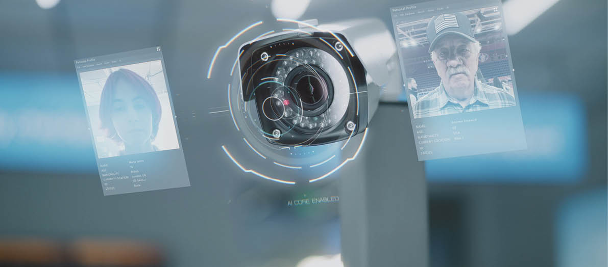 Modern Airport Security System: Close Up of Surveillance Camera with Biometric Facial Recognition Scanning Technology. Futuristic CCTV System at Passport Control with AI-based People Identification.