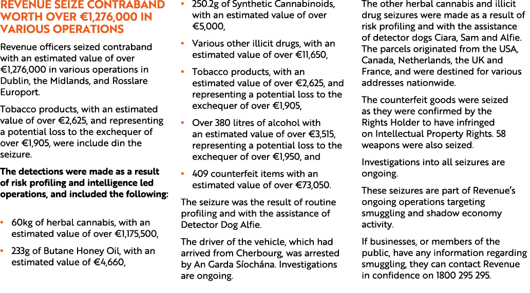 Revenue seize contraband worth over €1,276,000 in various operations Revenue officers seized contraband with an estim...