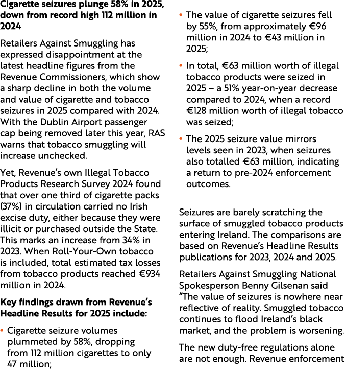 Cigarette seizures plunge 58% in 2025, down from record high 112 million in 2024 Retailers Against Smuggling has expr...