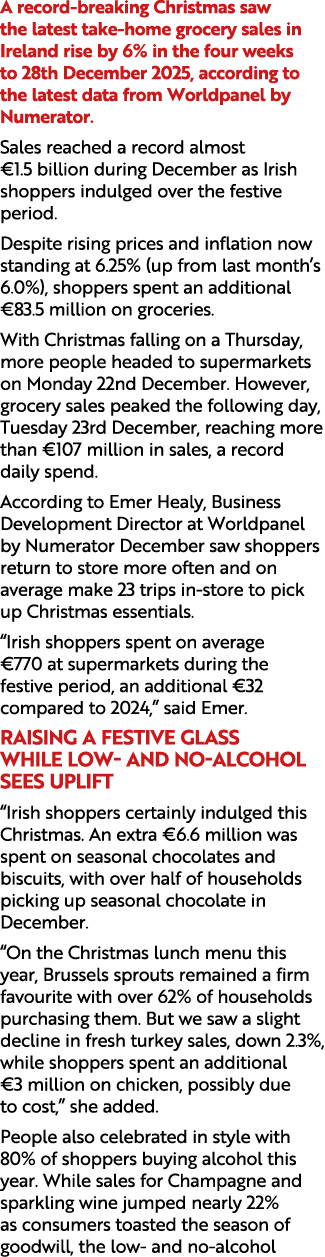 A record breaking Christmas saw the latest take home grocery sales in Ireland rise by 6% in the four weeks to 28th De...