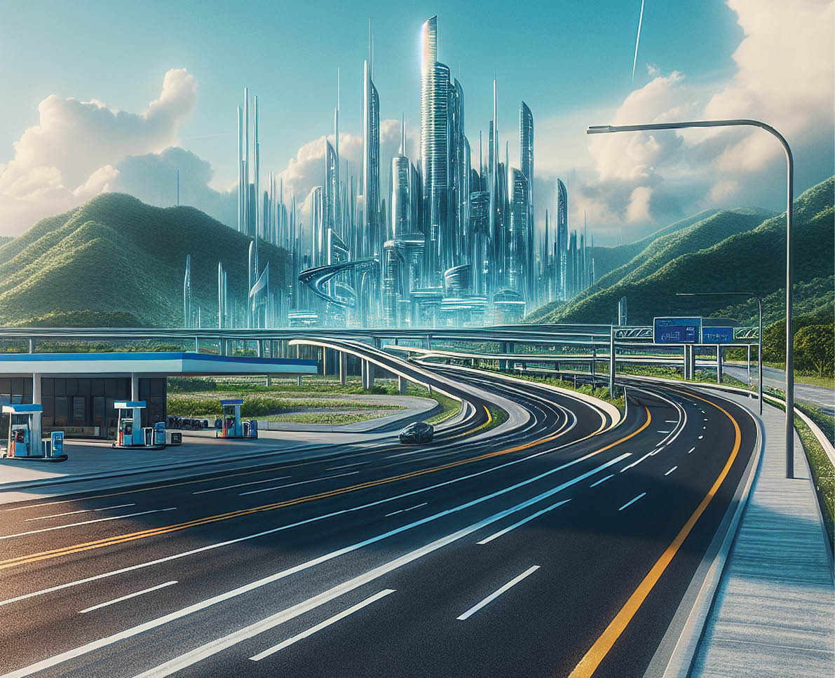 Outdoor photo of outdoor street photography of daylight blue sky, side view, asphalt highway long roads, fuel station on the side, in a green hills area on futuristic modern city buildings, medium angle
