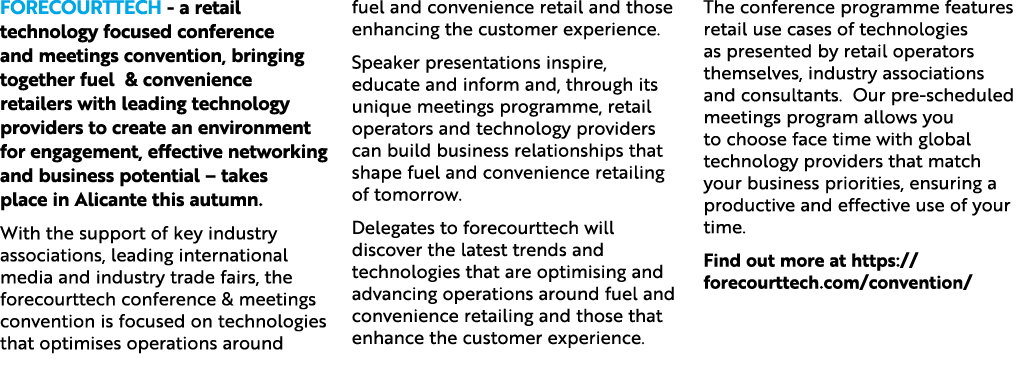 Forecourttech a retail technology focused conference and meetings convention, bringing together fuel & convenience re...