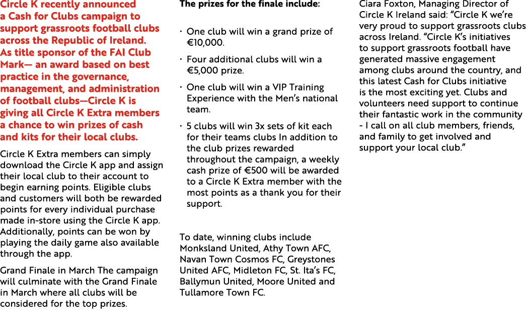 Circle K recently announced a Cash for Clubs campaign to support grassroots football clubs across the Republic of Ire...