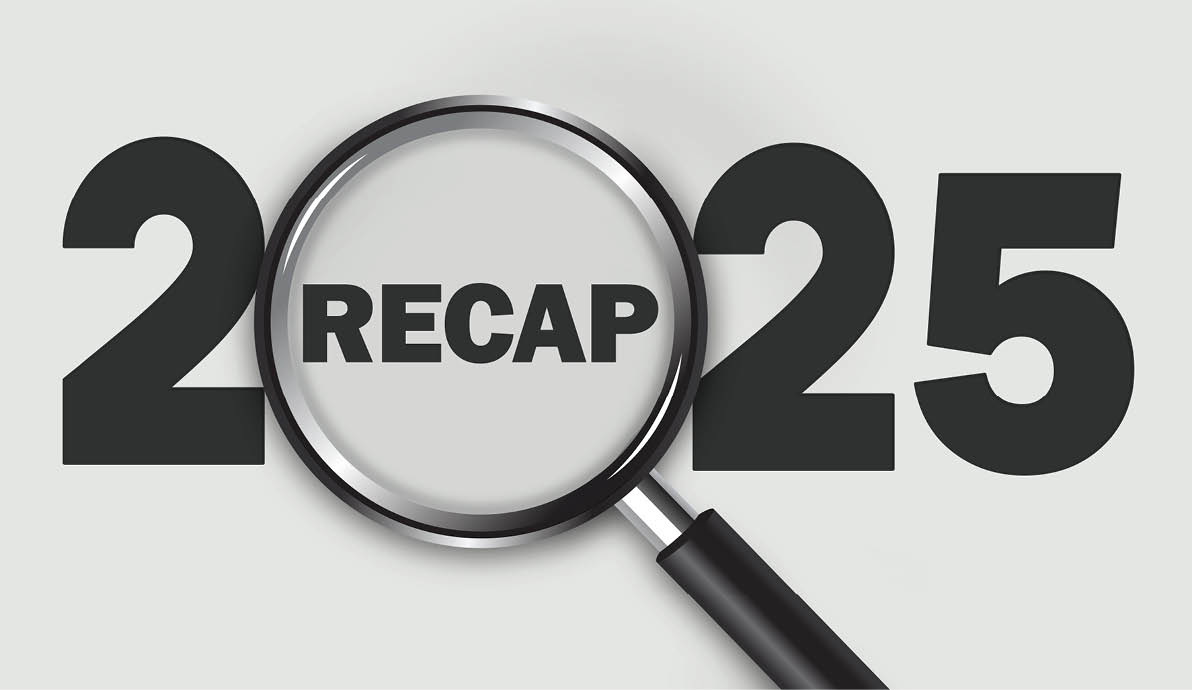 Minimalist graphic of bold black “2025" with a magnifying glass highlighting the word "RECAP" in the digits. Light gray background, symbolizing review, summary, and yearly reflection.