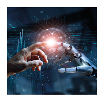 AI, Machine learning, Hands of robot and human touching on big data network connection, Data exchange, deep learning, Science and artificial intelligence technology, innovation of futuristic.