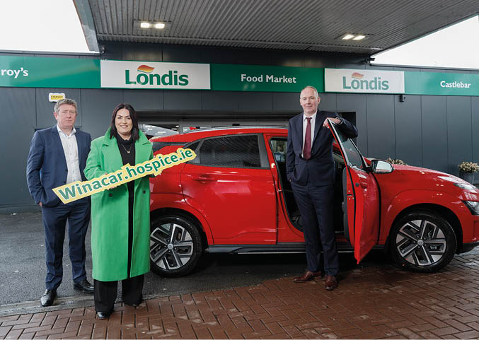 Mayo Roscommon Hospice Foundation Celebrating 30 Years with Car Draw for a A Hyundai Kona Electric donated by Alan Mulroy, Proprietor of Mulroys Londis Service Station, Castlebar. Pictured at the launch of the draw for the car Shane Hopkins (Regional Manager Londis), Martina Jennings (CEO MRHF) and Alan Mulroy (Proprietor of Mulroys Londis Service Station) . Pic: Michael Mc Laughlin