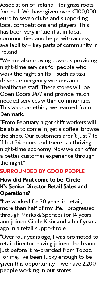 Association of Ireland for grass roots football. We have given over €100,000 euro to seven clubs and supporting local...