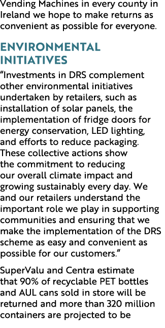 Vending Machines in every county in Ireland we hope to make returns as convenient as possible for everyone. Environme...