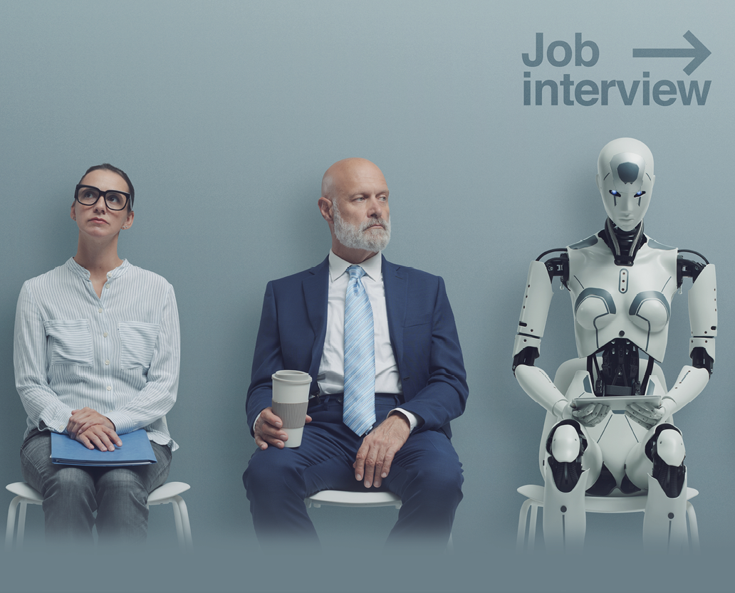 Business people and humanoid AI robot sitting and waiting for a job interview: AI vs human competition