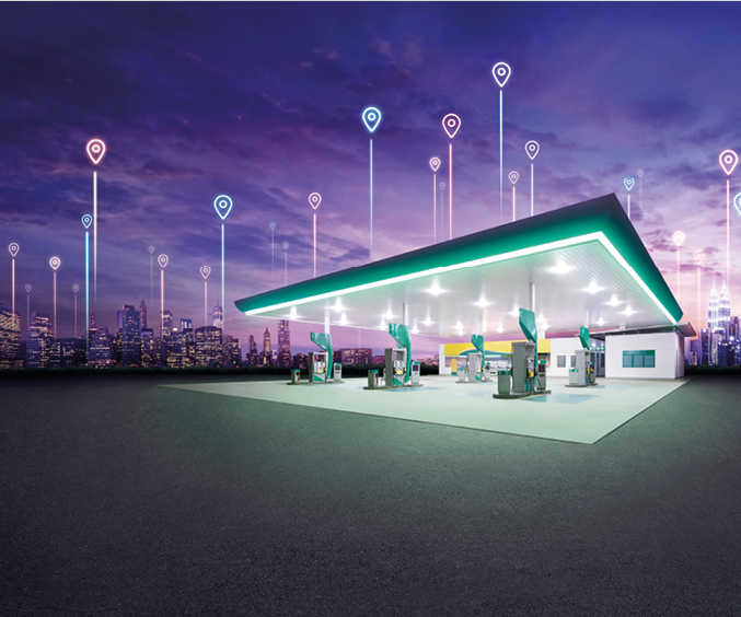 Petrol gas station station at night with spot location icon connect between city building 