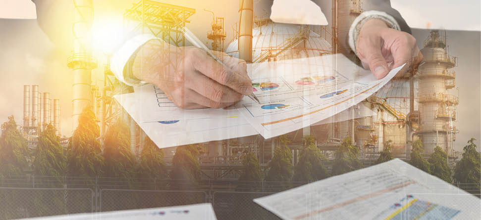 Double exposure of businessman review charts, oil fuel, Electric generating factory, plant and sunset as business, analysis, industrial and energy concept.