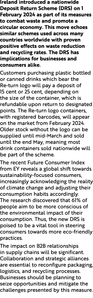 Ireland introduced a nationwide Deposit Return Scheme (DRS) on 1 February 2024 as part of its measures to combat wast...