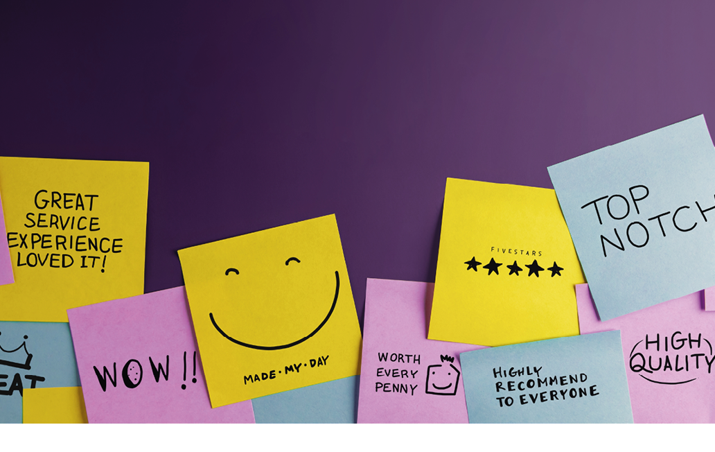 Customer Experience Concept. Happy Clients stick Many Sticky Notes with Positive Review on Board. Feedback for Satisfaction Surveys.