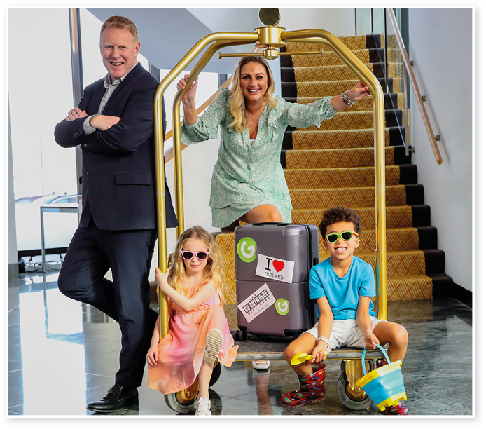 Gala Group launch their 'Home or Away' in store promotion taking place in Gala stores until 17 th March 2024. The promotion will see the Gala Group give away EUR70,000 worth of holiday vouchers to Gala shoppers to enjoy a family holiday abroad or a staycation at one of the hundreds of Irish hotels and guest houses. Launching the promotion are presenter Anna Daly and Gary Desmond, CEO, Gala Retail with Hailee Maher and Alexander David Sarpong.