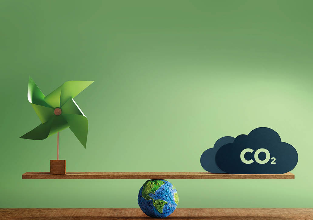 Carbon Neutral and ESG Concepts. Carbon Emission, Clean Energy. Globe Balancing between a Wind Turbine and CO2. Sustainable Resources, Environmental Care. Making a Wind Energy