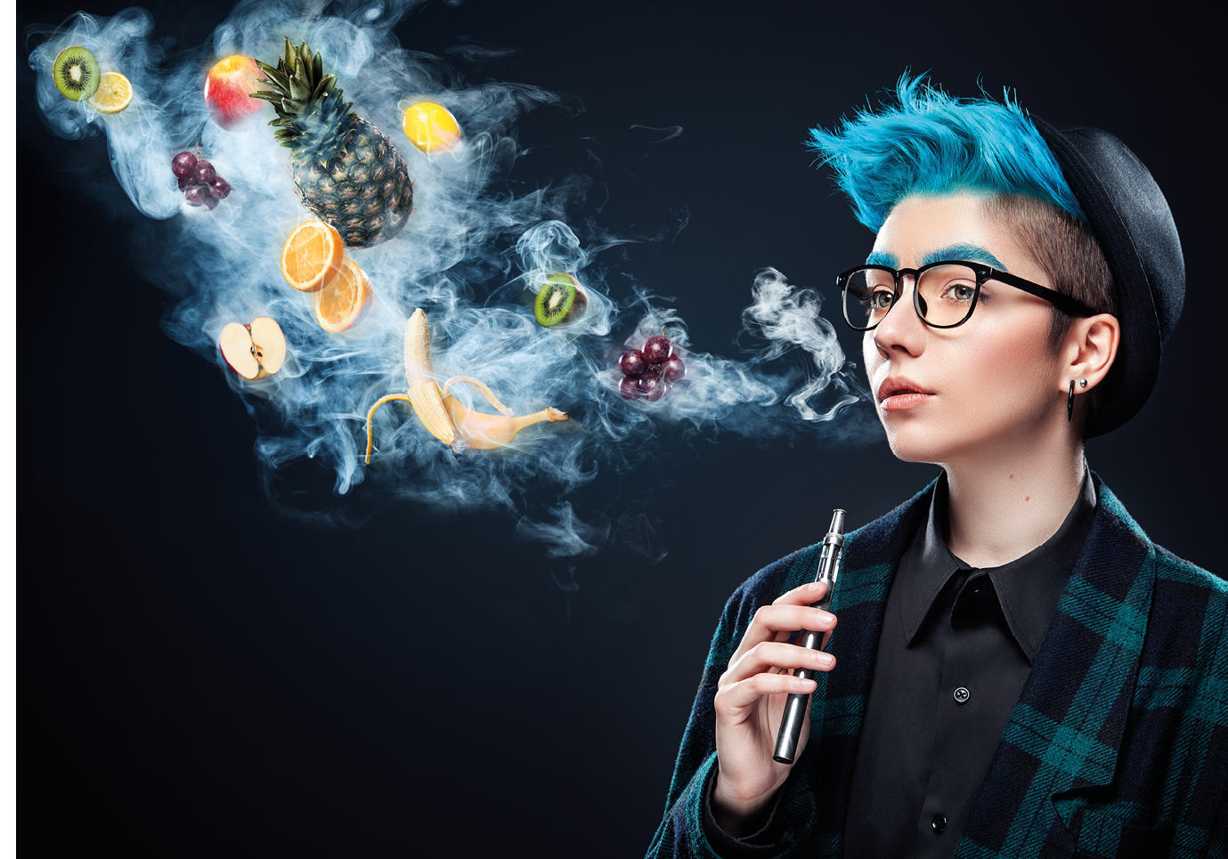 hipster woman with blue hair smoking fruit electronic cigarette on black background. Vape advertisement concept. Copy space