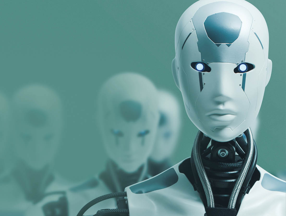 Many identical AI robots sitting at desk in the office and working with computers, one robot is looking at camera: artificial intelligence and robotization effects on employment