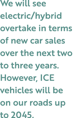 We will see electric/hybrid overtake in terms of new car sales over the next two to three years. However, ICE vehicle...