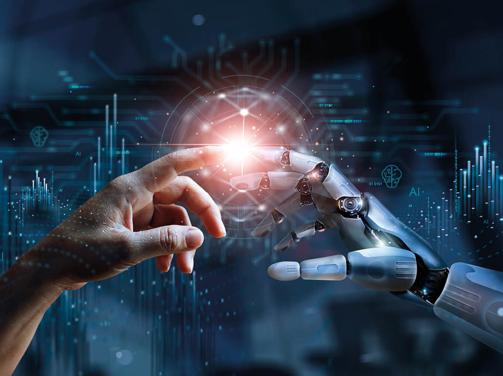 AI, Machine learning, Hands of robot and human touching on big data network connection, Data exchange, deep learning, Science and artificial intelligence technology, innovation of futuristic.