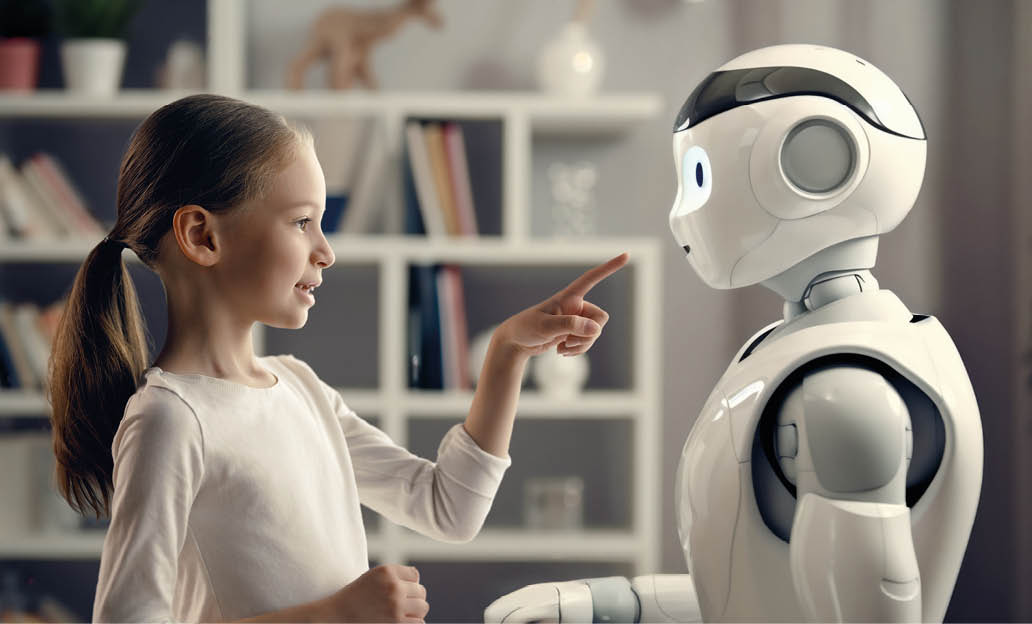A cute girl is playing with a robot. The concept of future training.