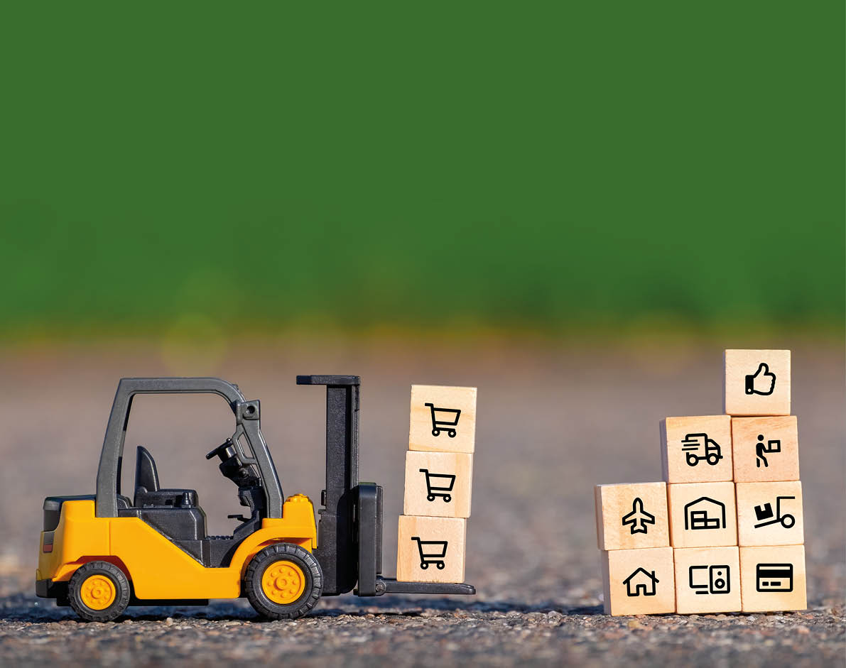 Mini forklift truck moves a pallet with wooden block with icon. Depicts delivering goods or products around globe in e-Commerce. Logistic network distribution cargo freight concept.