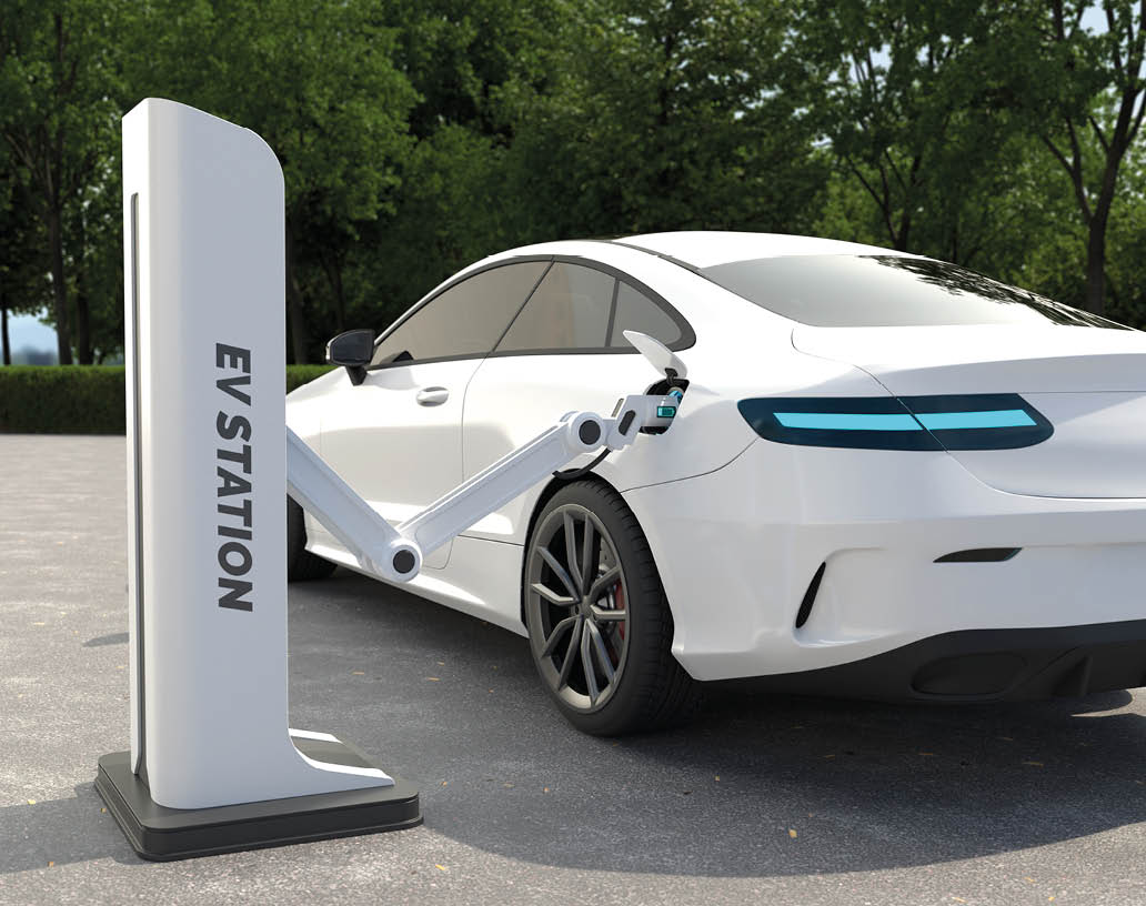 A robot is charging an electric car, Autonomous electric car charging station. 3D illustration