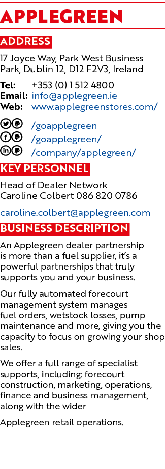Applegreen Address 17 Joyce Way, Park West Business Park, Dublin 12, D12 F2V3, Ireland Tel: +353 (0) 1 512 4800 Email...