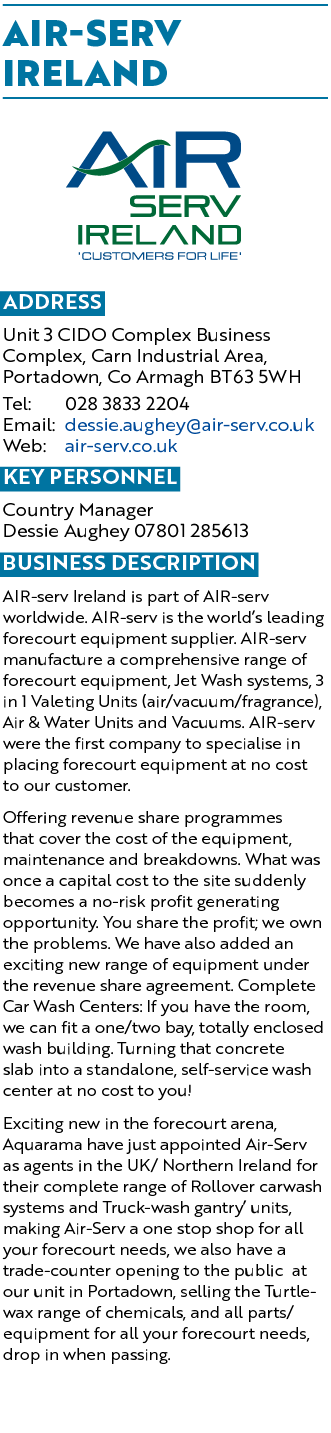 AIR SERV IRELAND ￼ Address Unit 3 CIDO Complex Business Complex, Carn Industrial Area, Portadown, Co Armagh BT63 5WH ...