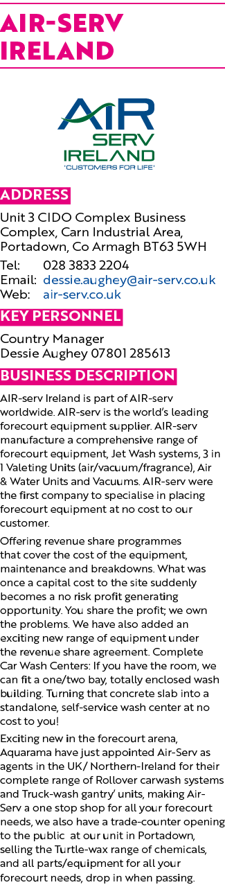 AIR SERV IRELAND ￼ Address Unit 3 CIDO Complex Business Complex, Carn Industrial Area, Portadown, Co Armagh BT63 5WH ...