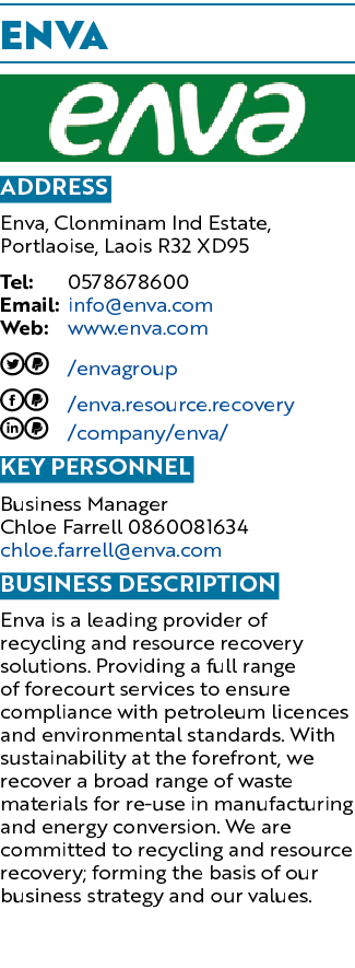 ENVA ￼ Address Enva, Clonminam Ind Estate, Portlaoise, Laois R32 XD95 Tel: 0578678600 Email: info@enva.com Web: www.e...