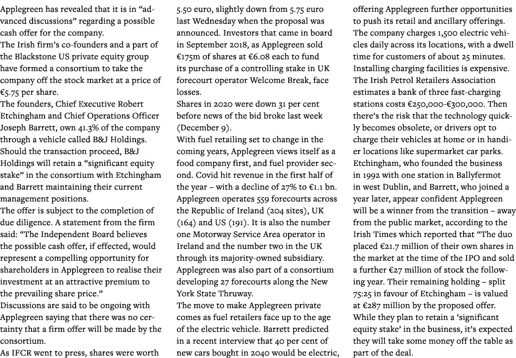 Applegreen has revealed that it is in  advanced discussions  regarding a possible cash offer for the company  The Iri   