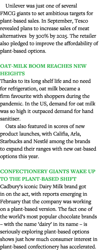 Unilever was just one of several FMCG giants to set ambitious targets for plant-based sales  In September, Tesco reve   