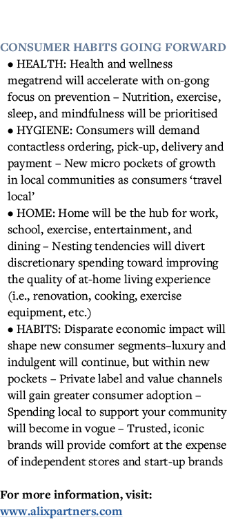  Consumer habits going forward   HEALTH: Health and wellness megatrend will accelerate with on-gong focus on preventi   