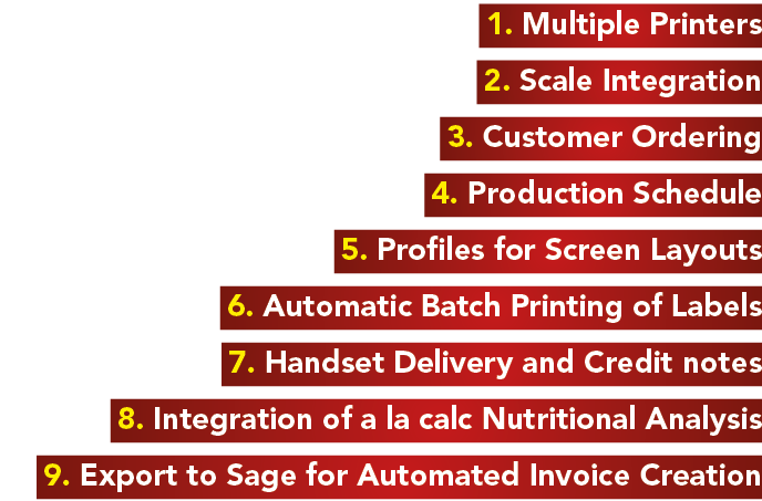 1  Multiple Printers 2  Scale Integration 3  Customer Ordering 4  Production Schedule 5  Profiles for Screen Layouts    