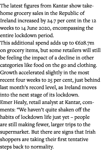 The latest figures from Kantar show take-home grocery sales in the Republic of Ireland increased by 24 7 per cent in    
