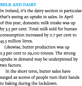 Milk and dairy In Ireland, it s the dairy section in particular that s seeing an uptake in sales  In April of this ye   