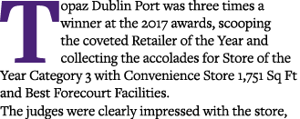 Topaz Dublin Port was three times a winner at the 2017 awards, scooping the coveted Retailer of the Year and collecti   