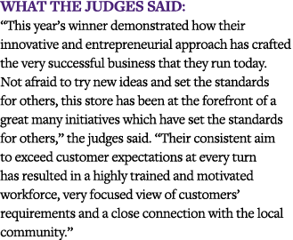 What the judges said:  This year s winner demonstrated how their innovative and entrepreneurial approach has crafted    