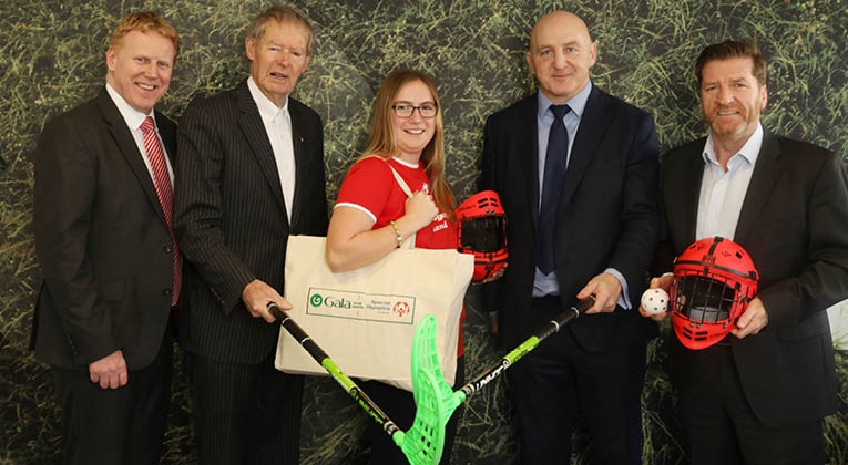 Pictured at the launch of the Gala Retail sponsorship of Special Olympics Ireland is L   R CEO of Gala Retail, Gary Desmond pictured with Special Olympics Ambassador, Michéal Ó Mhuircheartaigh; Special Olympics athlete, Emma Johnstone, Special Olympics Ambassador and Patron, Keith Woods and CEO of Special Olympics Ireland, Matt English 