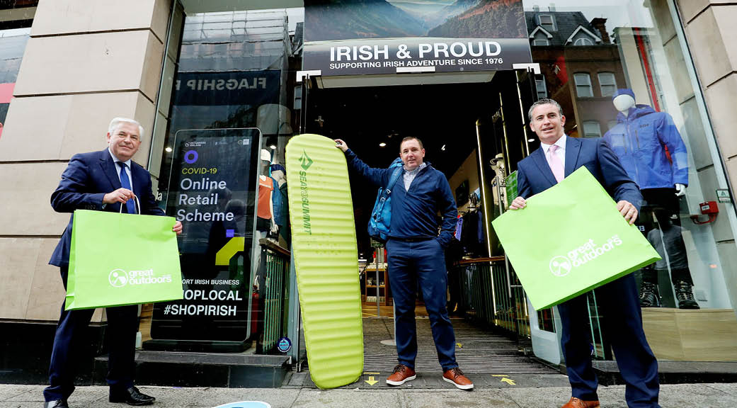 20 08 2020 NO REPRO FEE, MAXWELLS DUBLIN Minister Damien English launches new  5 5m Covid-19 Online Retail Scheme Pic shows ( l to r ) Stephen Creaner, Executive Director, Enterprise Ireland, Derek Moody, Owner and Director, Great Outdoors and Minister of State for Business, Employment and Retail, Damien English TD Grants of up to  40k will be available to retailers through a new  5 5 million Covid-19 Online Retail Scheme administered by Enterprise Ireland  The scheme was launched by Minister Damien English TD at Great Outdoors in Dublin which received an Online Retail grant in a previous round - hillwalking, watersports and camping products are the company s top online sellers  PIC: NO FEE, MAXWELLS