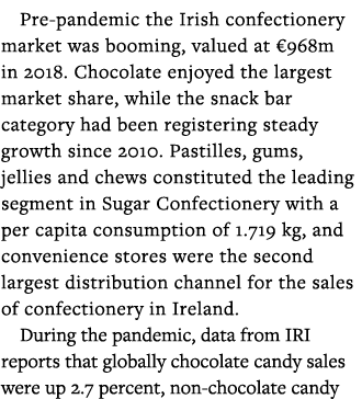 Pre-pandemic the Irish confectionery market was booming, valued at  968m in 2018  Chocolate enjoyed the largest marke   
